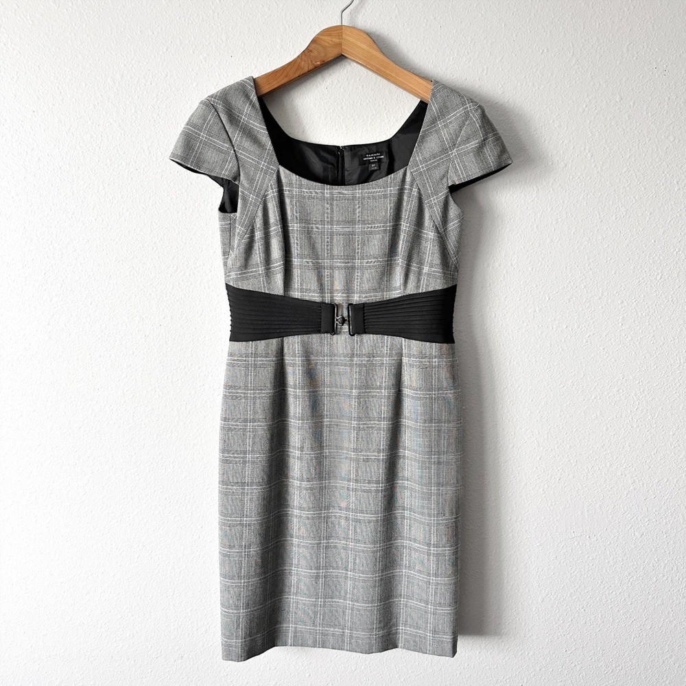 Tahari ASL Gray Plaid Sheath Belted Cinched Waist Dress Women's Size 8 Petite